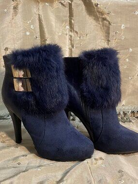 Navy Blue - Faux Fur, Suede and Reptile Booties
